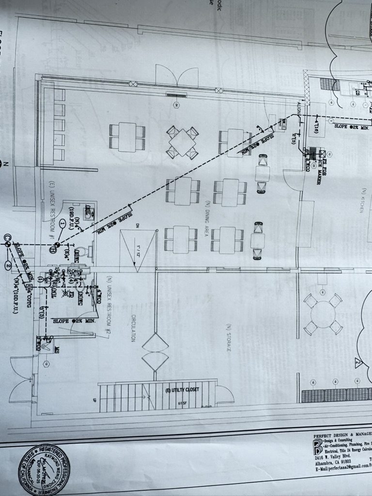 Layout excerpt · Dining area, restrooms, storage, circulation and stair