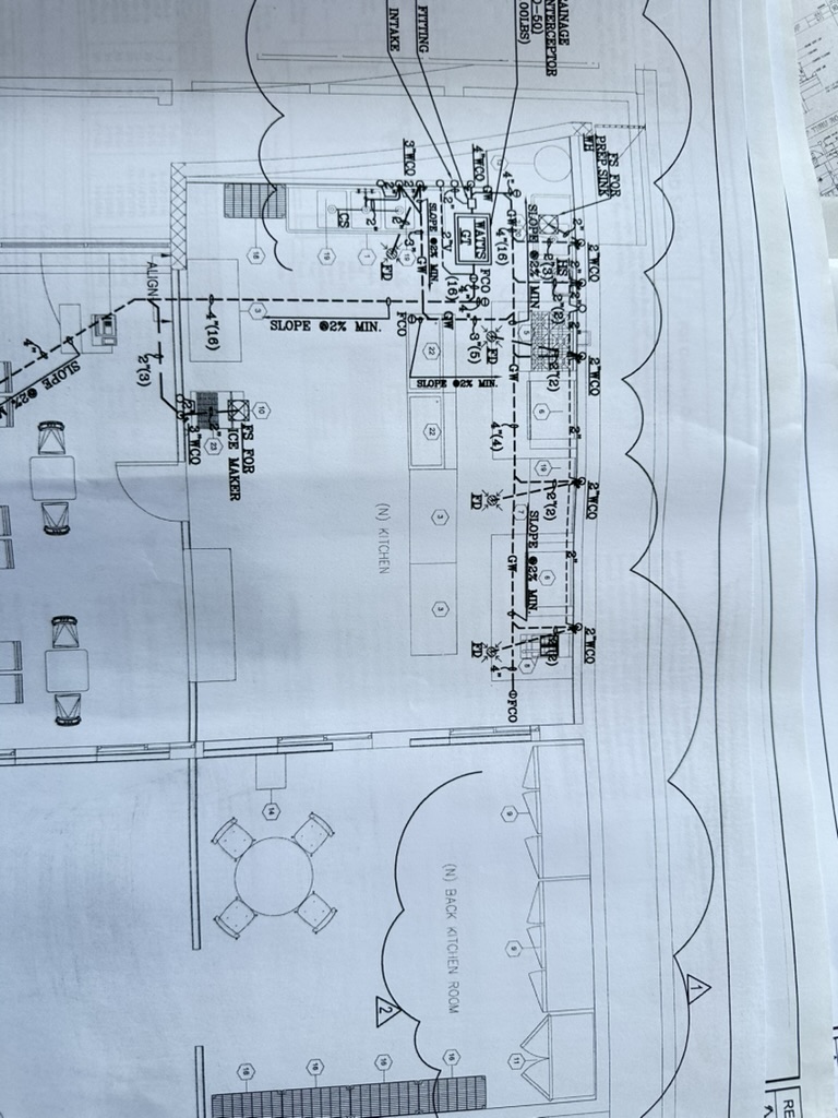 Layout excerpt · Kitchen, back kitchen room and plumbing annotations